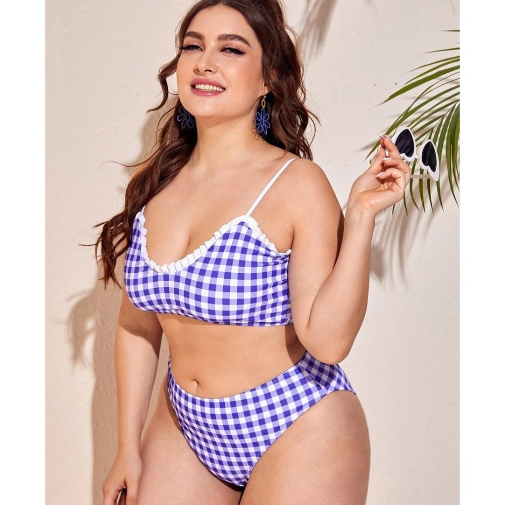 Gingham Frill Trim High Waisted Bikini Swimsuit
